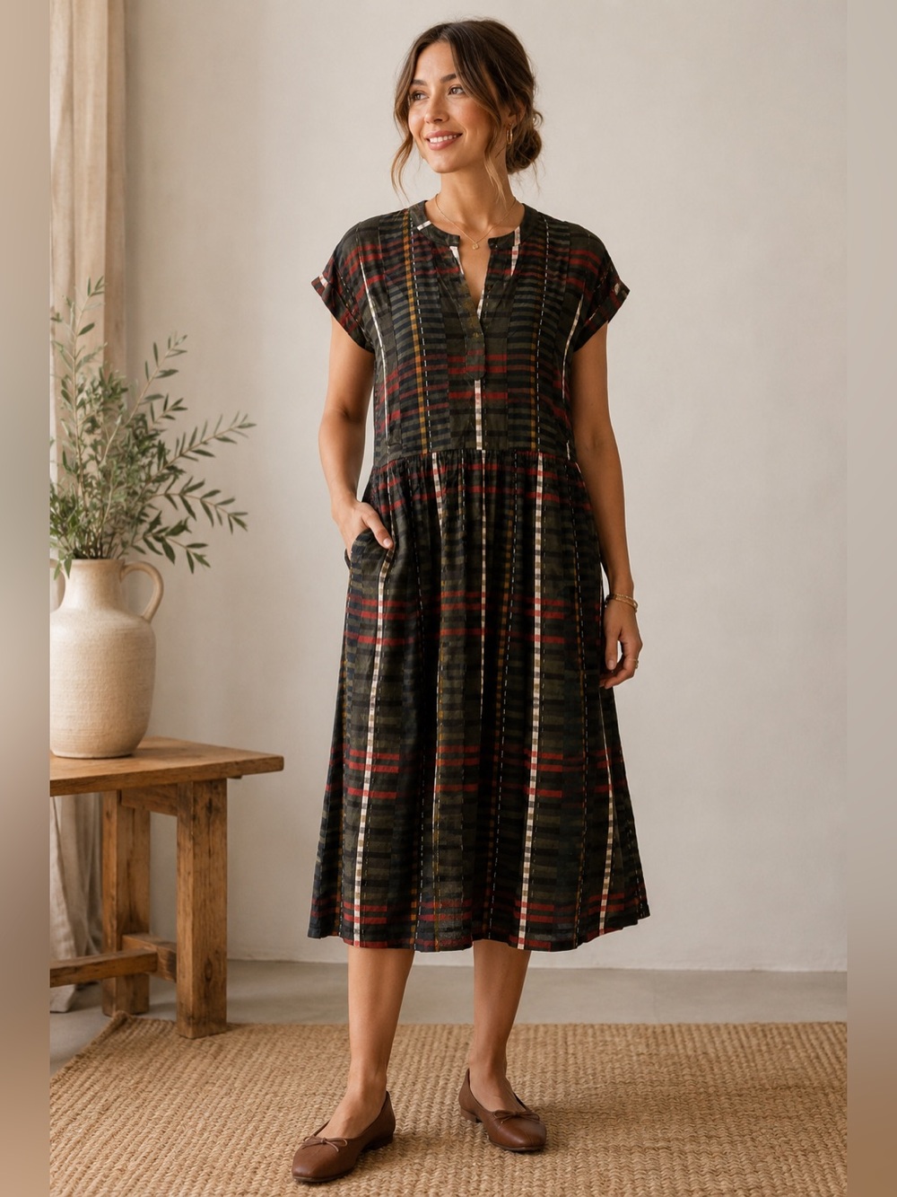 New Bridge & Burn The Ira Short Sleeve Midi Dress Olive Stripe Boho Artisan Fall